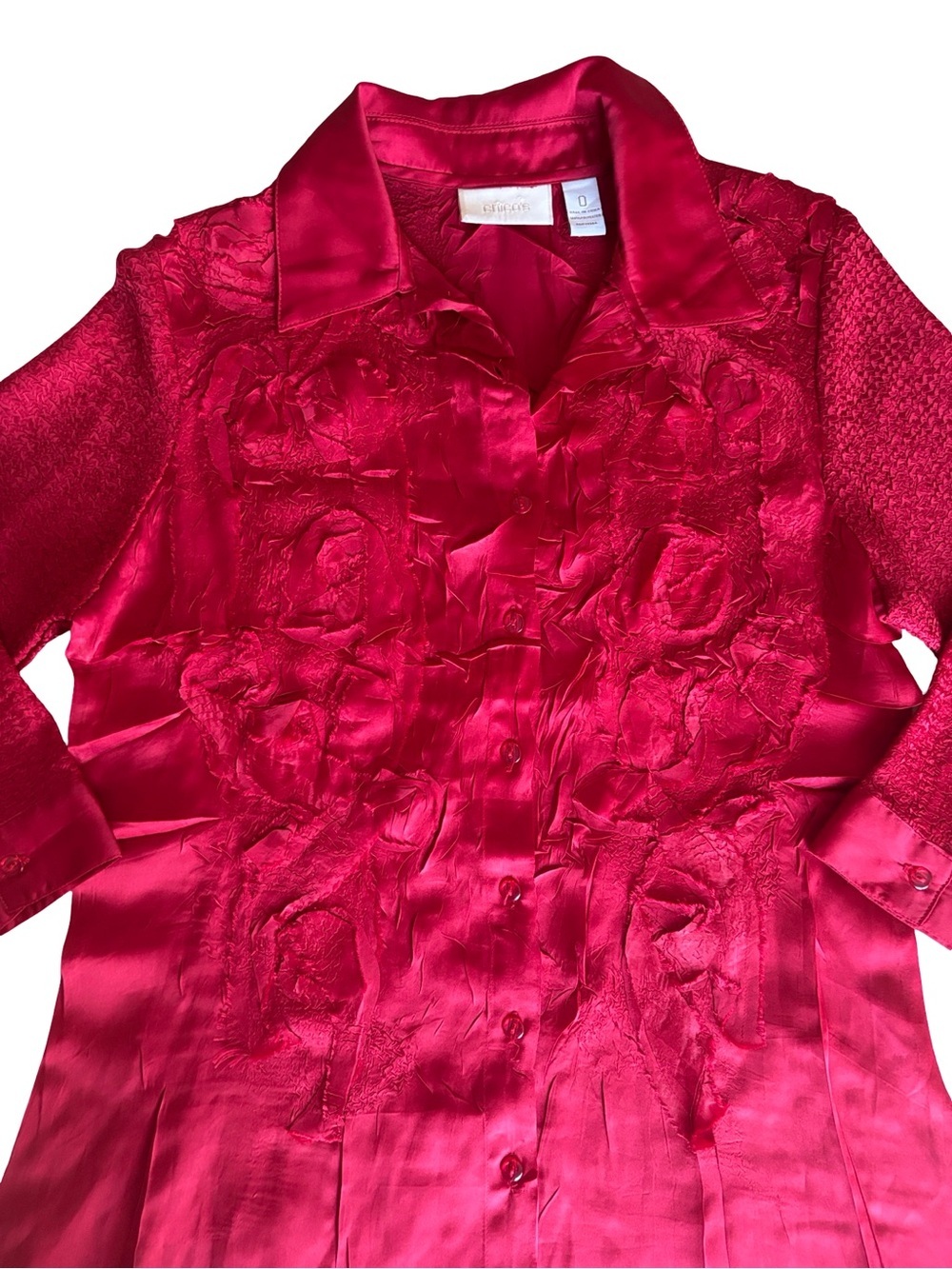 Chico’s Red Polyester Silky Satin 3/4 Sleeve Tunic Blouse Size 0 Size 4 Small - Picture 4 of 12
